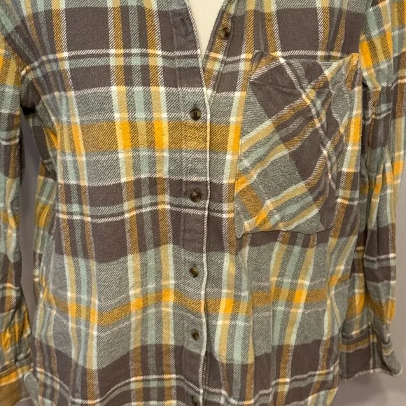 Aerie Anytime Favorite Flannel Gray Green Yellow Soft Multicolor Plaid Shirt - Picture 3 of 7
